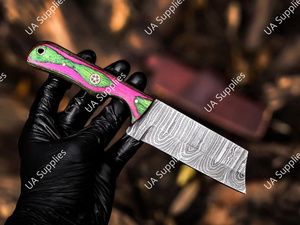 มีดล่าสัตว์เหล็กดามัสกัสตีขึ้นรูปด้วยมือ ใบมีดตรงคมกริบ คุณภาพสูง ด้ามไม้ปักก้าหลากสี รับผลิตตามแบบ OEM คุณภาพดีที่สุด - Product Image 3