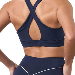 Women's Navy Blue Cross Back Sports <b>Bra</b> Medium Support <b>Stretch</b> Fitness Gym Training Workout Activewear <b>Bra</b> Apparel Wear - Product Image 4