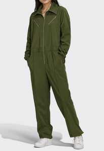 Combinaison Femme Vert Olive à Manches Longues, Fermeture Éclair, Col à Capuche, Couleur Unie, Taille à Cordon, Coupe Droite, Légère, Décontractée - Product Image 2