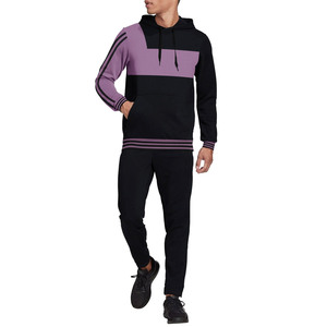 Chándal con capucha para hombre en negro y morado con bloques de color, manga larga, ropa casual con bolsillos laterales, material de poliéster transpirable. - Product Image 1