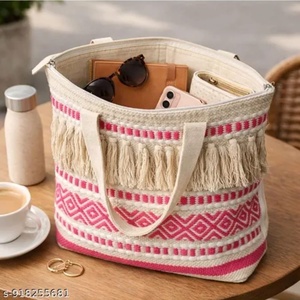 Bohemian Cotton <b>Tote</b> <b>Bag</b> <b>With</b> Tassel Geometric Pattern <b>Zip</b> Closure Women's Beach Handbag Casual Large Capacity Ready to ship - Product Image 4