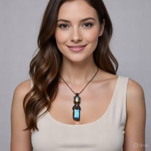 Colgante de Macramé Vertical Doble de Aleación de Zinc |   Piedra Preciosa Azul Brillante, Cristal Curativo, Forma de Bola de Bambú, Joyería Unisex | - Product Image 3