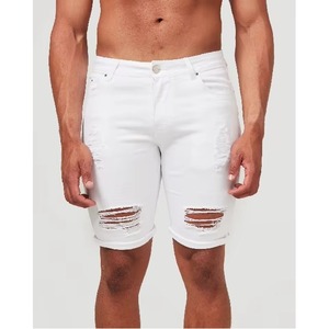 Shorts en jean blanc pour homme, taille mi-haute, coupe droite, déchirés, en coton, décontractés, d'été, tricotés, respirants, écologiques - Product Image 1