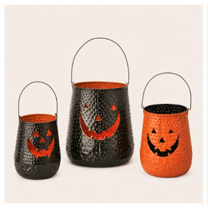 Wholesale Set of 3 Metal Jack-O-<b>Lantern</b> Buckets Vintage Black and Orange Pumpkin <b>Lanterns</b> for Spooky Halloween Home Decor - Product Image 5