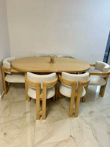 Juego de Mesa de Comedor Ovalada de Madera de Teca Escandinava, Sillas Tapizadas Modernas, Fabricante de Muebles de Indonesia - Product Image 3