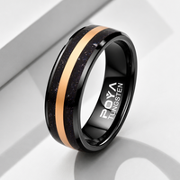 Bague de mariage pour homme en tungstène noir de 8 mm avec rail doré et incrustation de sable bleu étoilé, forme dôme biseautée, ajustement confortable, vente en gros