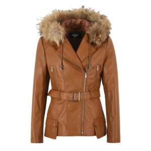 Women's Winter Genuine Napa Leather <b>Hooded</b> Parka <b>Coat</b> Detachable Faux <b>Fur</b> Trim <b>Belted</b> Design Customizable Private Label - Product Image 1