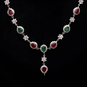 <b>Ruby</b> Emerald Crystal <b>Necklace</b> Set Pear Round Stone Drop Design White Gold Plated Statement Jewelry Gift for Her - Product Image 3