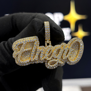 <b>Custom</b> Oversized Script <b>Name</b> Pendant 925 Sterling Silver VVS Moissanite Fully Iced Hip Hop <b>Necklace</b> Yellow Gold Pave Jewelry Men - Product Image 1