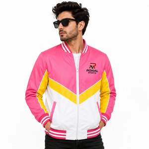RONAL SPORTS <b>Men's</b> Color Blocking Varsity <b>Jacket</b> Pink Yellow <b>White</b> Zipper Front Sporty Style Turn-down Collar Regular Fit - Product Image 3