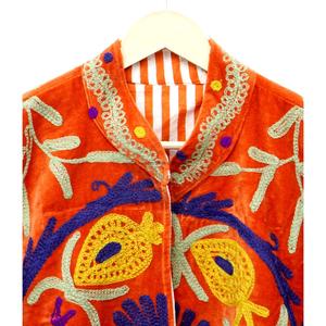 Orange Velvet Embroidered Bohemian <b>Coat</b> Mandarin Collar Three Quarter Sleeve Handcrafted Floral Pattern Autumn Wear Reversible - Product Image 4