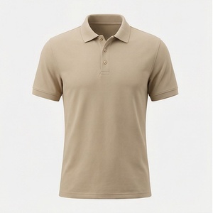 Polo Oxford pour homme en coton 100% beige à manches courtes, décontracté, respirant, coupe classique, uni, tissé - Product Image 1