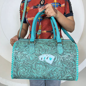 New Hand Tooled Leather Adjustable Speedy Duffel <b>Bag</b> Outdoor Activity Zipper Closure Card Design Genuine Cow Leather Duffle <b>Bags</b> - Product Image 4