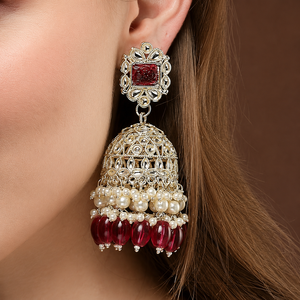 Pendientes Jhumka Étnicos Hechos a Mano de Aleación de Zinc con Piedra Roja y Perlas para Boda - Product Image 1