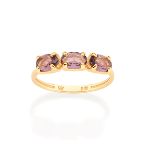 Bague classique de fiançailles pour femme en or plaqué 18 carats avec trois pierres ovales en améthyste, bijou pierre de naissance de février - Product Image 1
