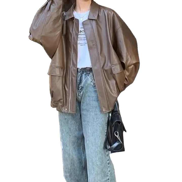 Women Faux Leather Jacket Retro Motorcycle Coat With Smooth Faux Leather Turn-down Collar Zip-up Design for Women Long Sleeves