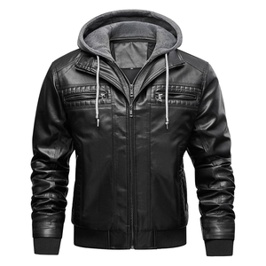 Chaqueta de Cuero para Hombre, Chaqueta de Motociclista, Chaqueta Cortavientos de PU con Capucha Desmontable - Product Image 6