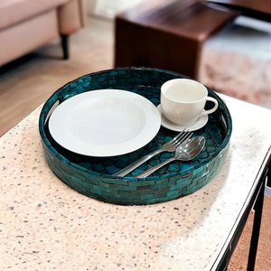 Bandeja redonda para desayuno, bandeja de nácar, bandeja con incrustaciones de nácar azul con diseño de escamas de pez, bandeja para mesa de centro - Product Image 6