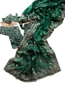 Pure Soft Fandy <b>Satin</b> Silk Saree with Amazing Embroidery and Multi Borders Stitched <b>Blouse</b> for Wedding and Party - Product Image 5