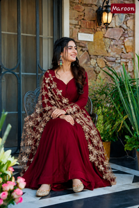 <b>Maroon</b> Floor-Length Traditional Indian Pakistani <b>Dress</b> With Pearl Chain Dupatta Women's Loose Fit Wedding Party Wear - Product Image 2