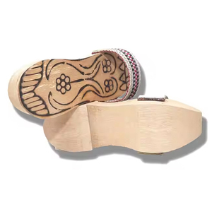 Sabots à semelle en bois avec motif floral gravé et bout rond, dessus en tissu de coton, pantoufles plateforme - Product Image 1