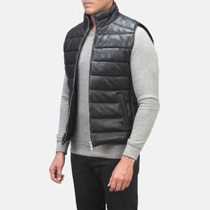 Men's Black Genuine Leather Tanned <b>Quilted</b> Vest Stand Collar <b>Single</b> Button Closure Winter Casual Jacket Slim Fit - Product Image 5
