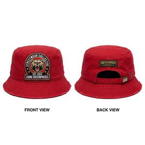 Sombrero de Pescador de Algodón Premium de 280 GSM, Diseño de Dibujos Animados para Ciclismo, Borde Rojo Desgastado, Parche Personalizado con Logotipo Bordado, Hebilla Ajustable - Product Image 1