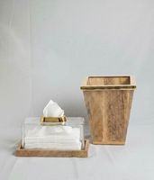 Boîte à mouchoirs de luxe dorée gaufrée, écologique, grande et personnalisée, avec ensemble poubelle assorti et couvercle en bois, pour la décoration intérieure