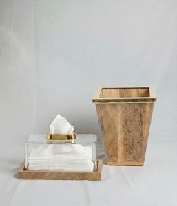 Luxury Gold Embossed Tissue <b>Box</b> Cover with Matching Dustbin Set Wooden Lid Home Decor - Product Image 5