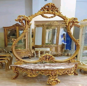 Premium silver and <b>gold</b> carved console <b>dressing</b> <b>table</b> set with matching stool and mirror, available at wholesale prices. - Product Image 2