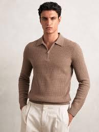 Polo à manches longues en maille gaufrée pour homme avec logo personnalisé, coton premium texturé, respirant, coupe ajustée, style business décontracté - Product Image 2