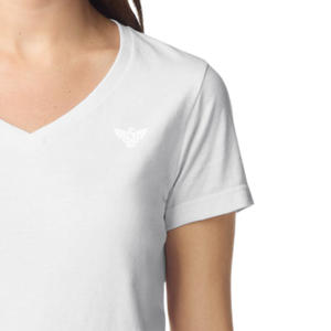 T-shirt blanc uni à col en V et manches courtes pour femme, en mélange de coton doux et respirant, décontracté, léger, coupe classique, idéal pour l'été - Product Image 3