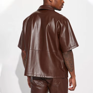 <b>Black</b> Summer Custom Logo Men Blank PU Leather <b>Button</b> <b>up</b> <b>Shirts</b> For Mens - Product Image 4