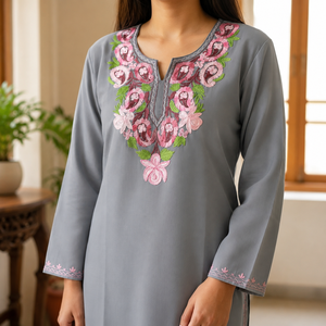 Steel Grey Kashmiri Pheran <b>Kurti</b> with Pink Paisley Embroidery Buy Direct From Designer - Product Image 2