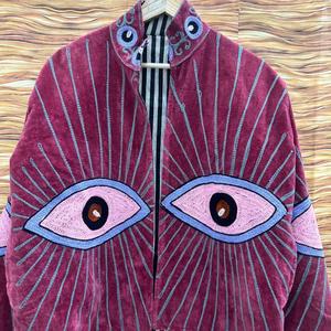 Chaqueta de terciopelo bordada con ojo turco para mujer, estilo bohemio, oversize, abrigo llamativo, prenda exterior artística vintage - Product Image 1