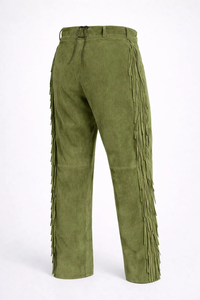 Pantalon en cuir véritable vert olive pour homme, taille haute, coupe droite, décoré de pompons, style décontracté, fermeture boutonnée, idéal pour l'automne - Product Image 5