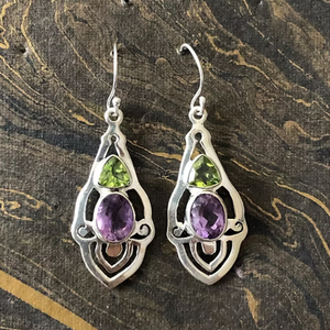 Vintage 925 <b>Silver</b> <b>Drop</b> <b>Earrings</b> With Amethyst And Peridot Bezel Set Water <b>Drop</b> Shape For Women's Everyday Wear - Product Image 3