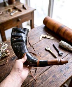 Corne à boire de style viking avec support en cuir, tasse artisanale au design animalier élégant, technique de polissage, tasse en corne de buffle naturelle - Product Image 2