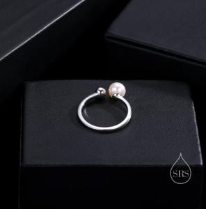 Bague ouverte minimaliste en argent sterling avec perle et boule, perle d'eau douce authentique, taille ajustable, bague en perle véritable - Product Image 4