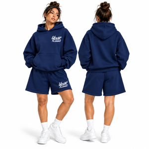 Nuevo Conjunto Deportivo de 2 Piezas para Mujer, Sudadera con Capucha y Pantalones Cortos Lisos, Calidad Terry, Tallas Grandes, Logotipo Personalizado - Product Image 5