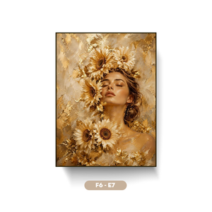 Tableau encadré en toile acrylique fait main HALO Brand, style peinture sur soie, motif tournesols dorés abstraits, décoration murale intérieure de luxe - Product Image 1