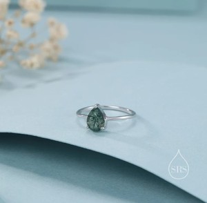 Anillo de compromiso clásico de una sola piedra de ágata musgosa con corte de pera de 1 quilate en plata de ley, anillo de ágata musgosa con forma de gota - Product Image 3