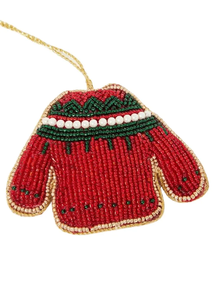 Beaded Sweater Ornament Red Green Pattern Christmas Decoration Classic Style - Product Image 1