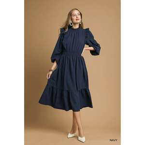 เดรสมิดิมีผิวสัมผัสสำหรับผู้หญิงเดรสเปิดไหล่มีระบาย - Product Image 2