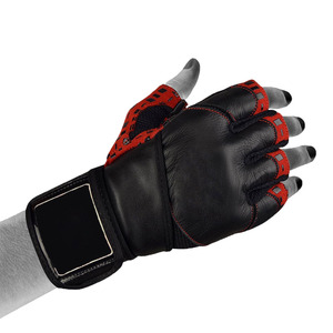 Half <b>Finger</b> Leather Fitness Gloves Black Red Adjustable Wrist <b>Strap</b> Gym Weight Lifting Workout Hand Wear - Product Image 2