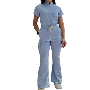 Customization <b>Light</b> Blue Flared Trousers Set Hospital High Quality Medical Nursing <b>Dental</b> Salon Uniforms Women Dobby Fabric - Product Image 1