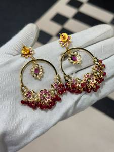 Boucles d'oreilles pendantes à motif floral, plaquées or, rubis et perles, bijoux de mariage vintage pour femmes - Product Image 4