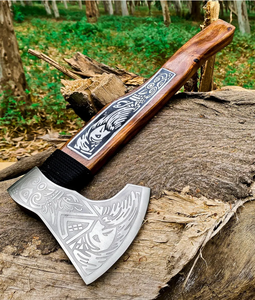 Handcrafted Carbon Steel Camp Hatchet with Engraved Wooden <b>Handle</b> & Genuine Leather Sheath | Outdoor Collection | OEM Manufactur - Product Image 1