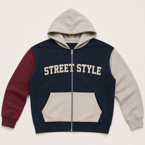 Sweat à capuche unisexe 100 % coton French Terry, color block, fermeture éclair, manches contrastantes, lettrage appliqué, style streetwear, poche avant, coupe ample - Product Image 1