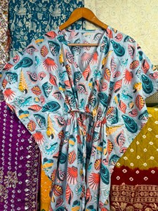 Cotton Casual <b>Kaftan</b> Free <b>Size</b> Luxury Handmade Block Print Eco-Friendly Ankle-Length Feathers Resort Wear for Women Sustainable - Product Image 6